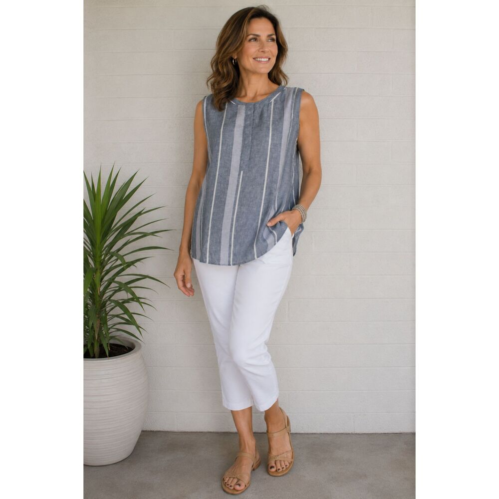 Ellen Tracy Linen L XL Heather Blue and White Vertical Striped Sleeveless Top